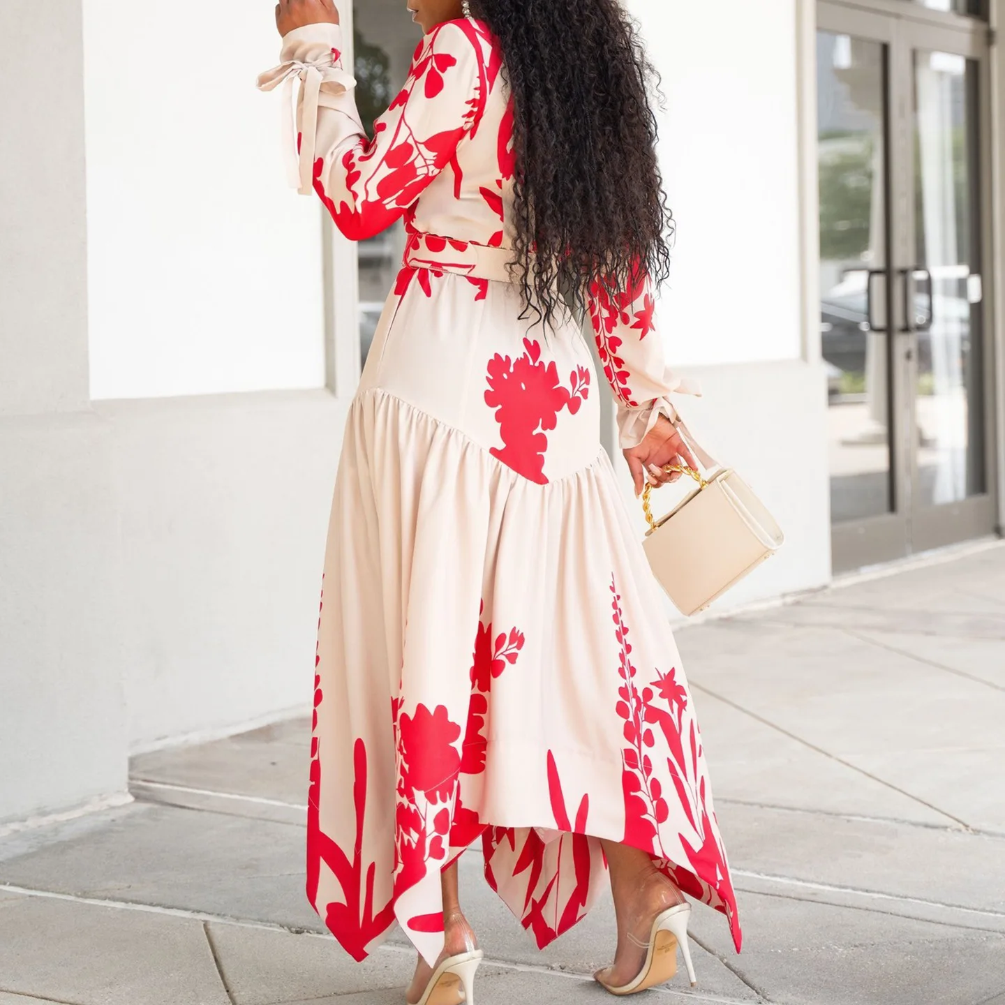 Robe africaine imprimée à manches longues pour femmes, revers irrégulier, taille adt, été, nouveau, 2024