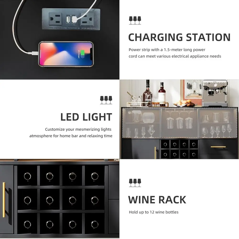 LED-lit Charging Station Buffet Cabinet, 47.2 Black Storage Sideboard for Wine & Liquor