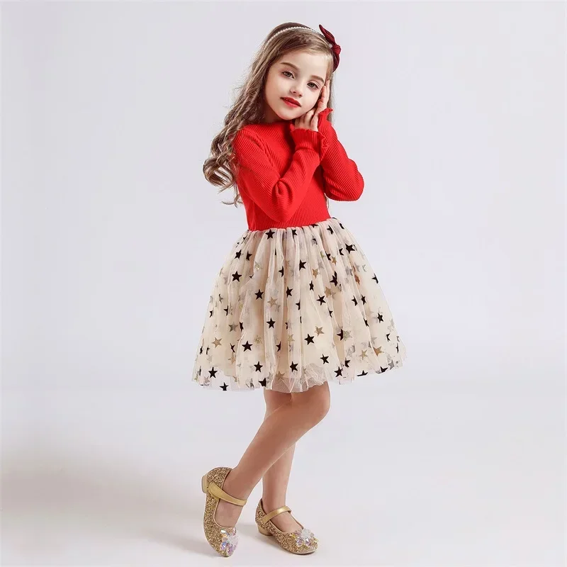 Autumn New Dress for Kids Girls 3-8 Years Black  Mesh Long-Sleeved Polka Dot Dress for Girl Korean Style Children Princess Dress