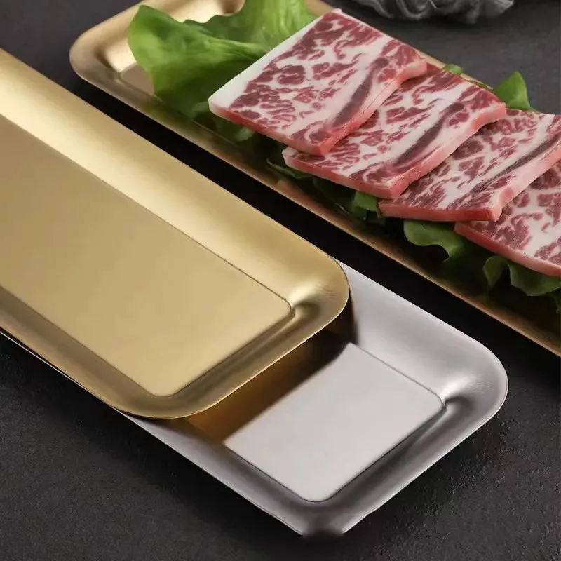 Korean version of 304 stainless steel rectangular plate, 40cm Strip plate, thick golden sushi plate, barbecue plate, flat plate