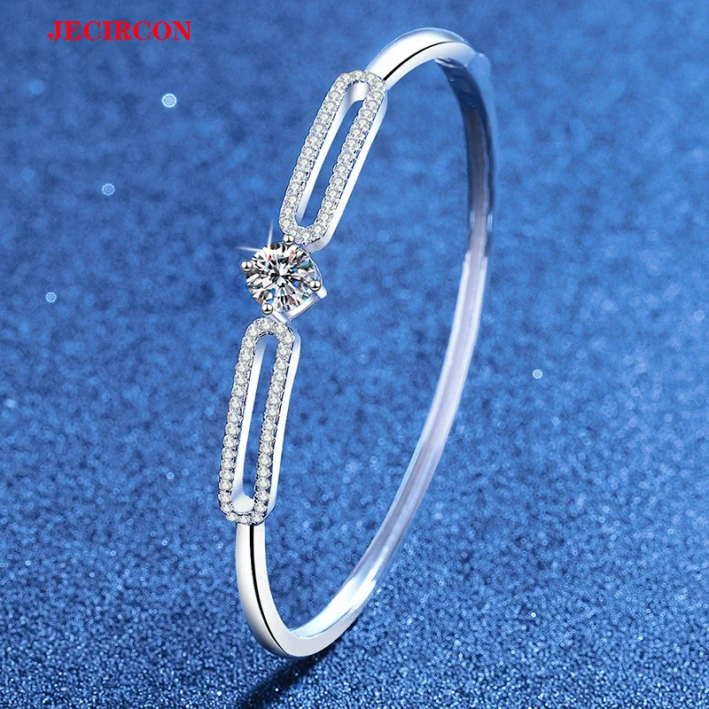 

JECIRCON S925 Sterling Silver Bangle with 1 Carat Moissanite, Korean-Japanese Light Luxury Trendy Jewelry for Women Daily Wear