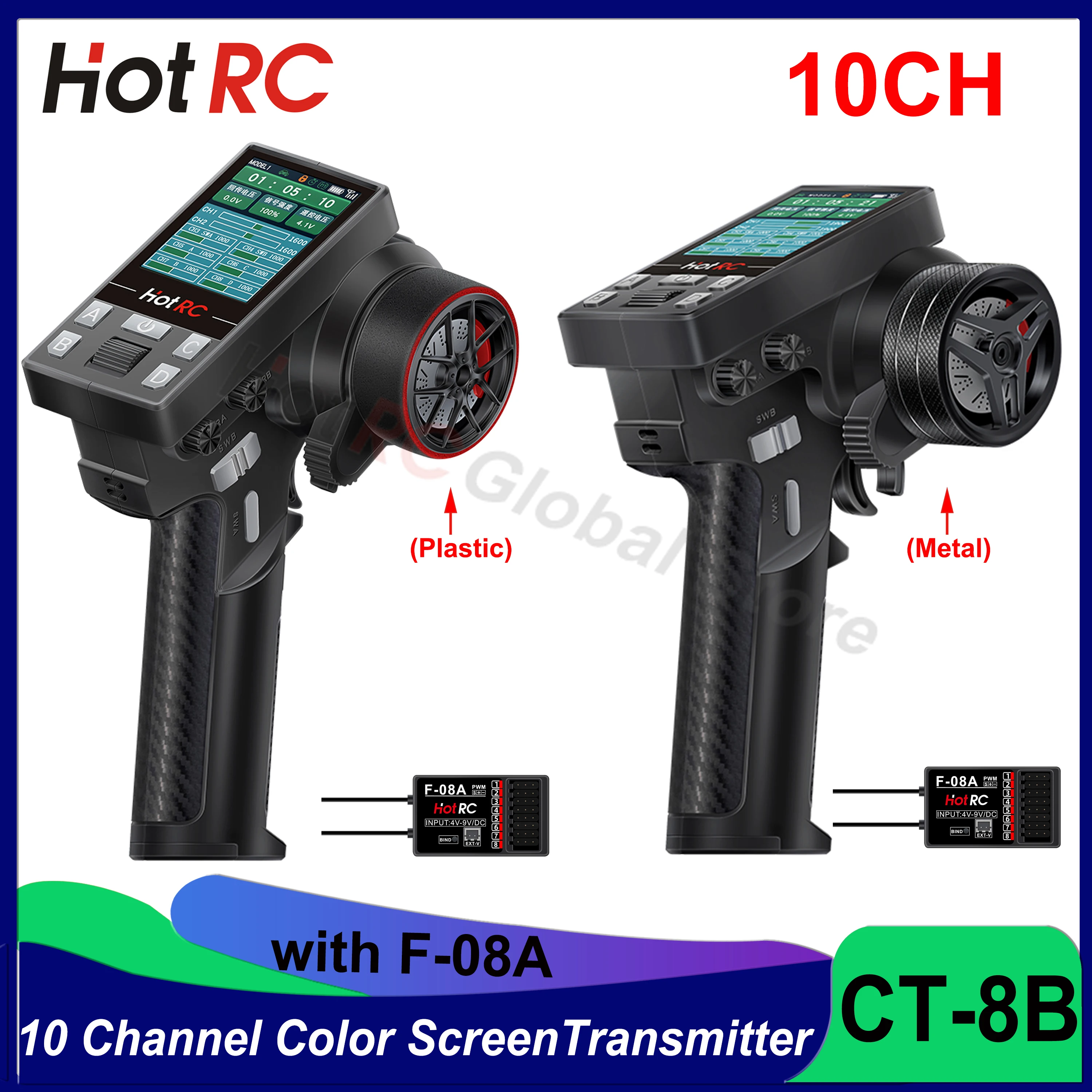 Newest HOTRC CT-8B 10CH 8 Channels Color Screen Remote Control 2.4G 8CH F-08A Receiver Transmitter for RC Car Ship Boat Tank