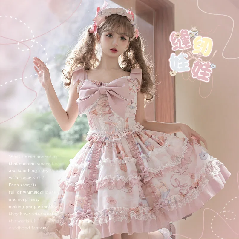 Sewing Doll Sweet Lolita Jsk Dress Party Cartoon Cute Print Suspenders Dress Japanese Summer Girl Kawaii Party Strap Dresses