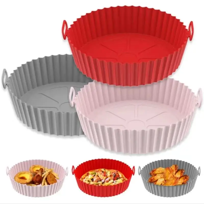 Round Reusable Airfryer Pan Liner Accessories Silicone Air Fryers Oven Baking Tray Pizza Fried Chicken Airfryer Silicone Basket