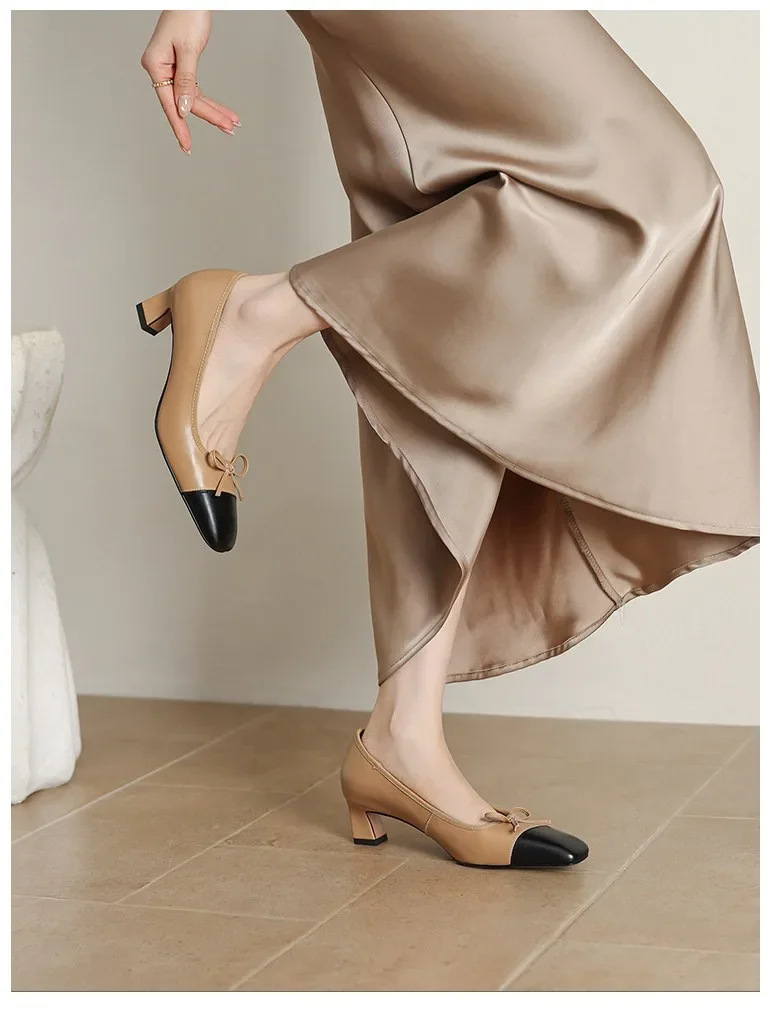 Women's Shoes, Apricot Black Elegant Office Shoes, Retro Soft Leather Low - Heel Womens Pumps (Comfortable for Work & Daily
