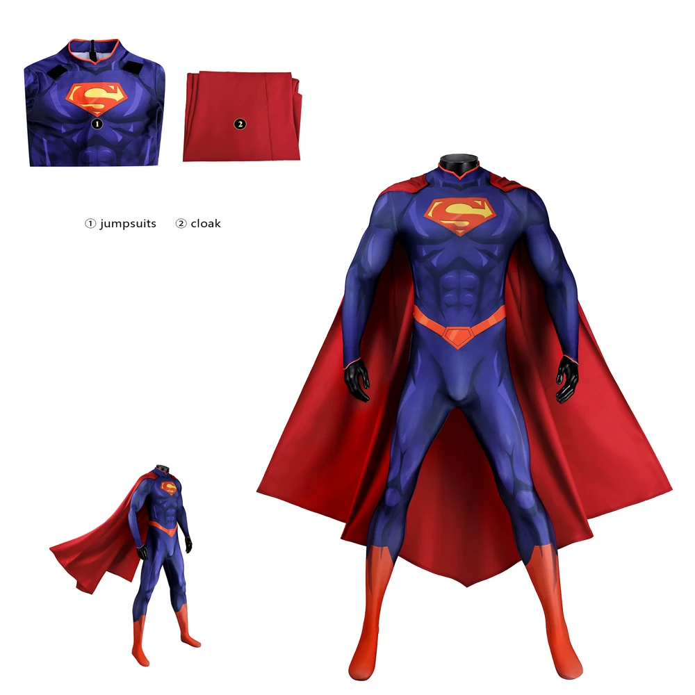 

2025 New Superhero 52 Role Playing Men Tight Blue Jumpsuit Red Zenta Cloak Halloween Carnival Fantasy Costume