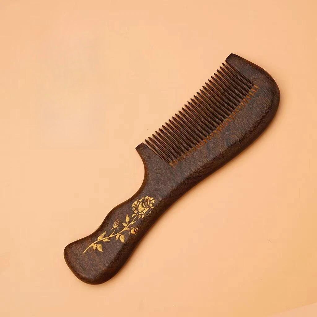 

Golden Silkwood Handle Comb, Fine & Wide Teeth Double-Sided, Carved Floral Design & Scalp Massage, Gift Hair Brush