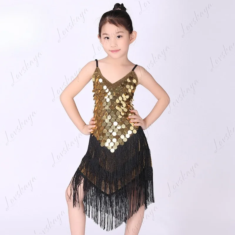 라틴 댄스 공연 의상을 위한 어린이용 스팽글 드레스, 공연용 어린이용 프린지 드레스, 무대 대회 의상