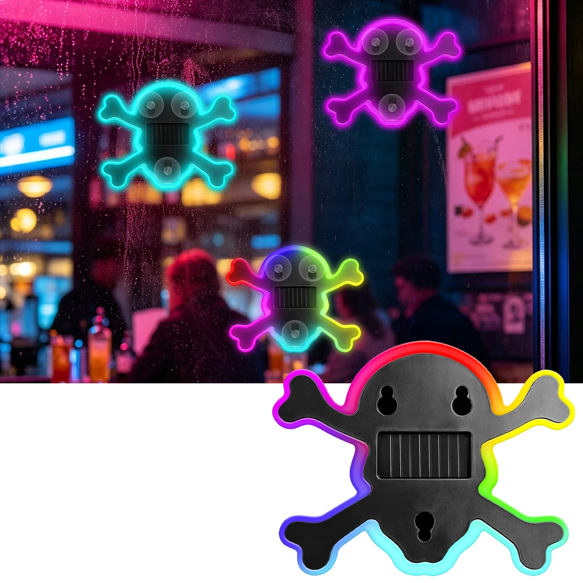 KEVANLY Solar Powered Skull Crossbones LED Suction Cup Neon Auto Flash Window Ambient Lamp Halloween Garden Vehicle Decor Lamp
