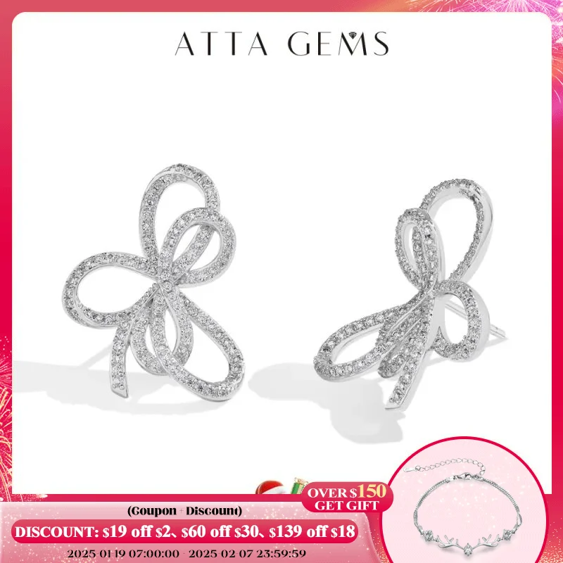 

ATTAGEMS Sparkling Bow Knot Moissanite Stud Earrings for Women VVS1 Diamond 100% 925 Sterling Silver Handmade Wedding Bride Gift