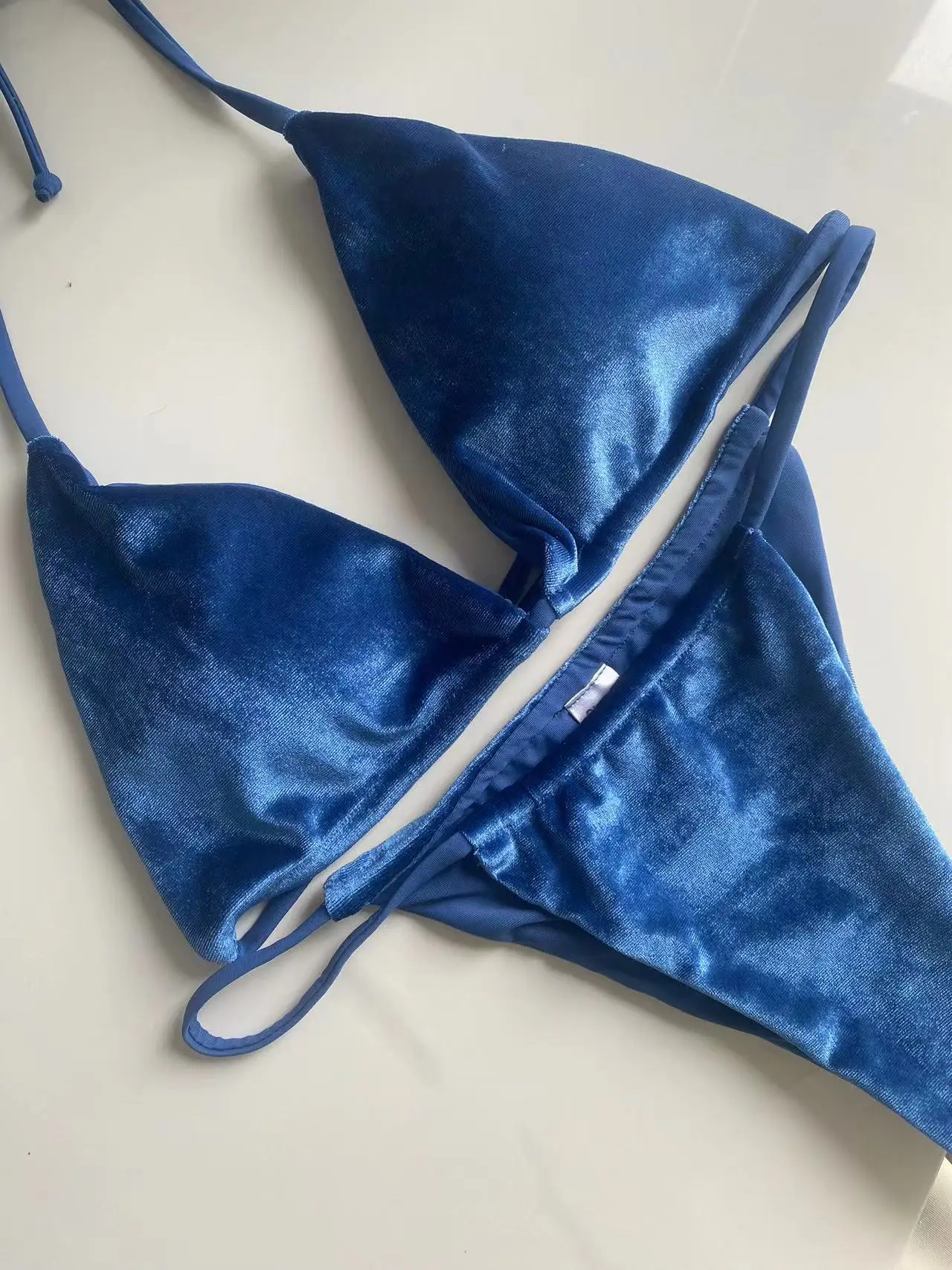 2024 Sexy Velvet Blue Swimsuit Women Triangle Micro Bikini Push Up Thong Swimwear Brazilian Beach Bathing Suit