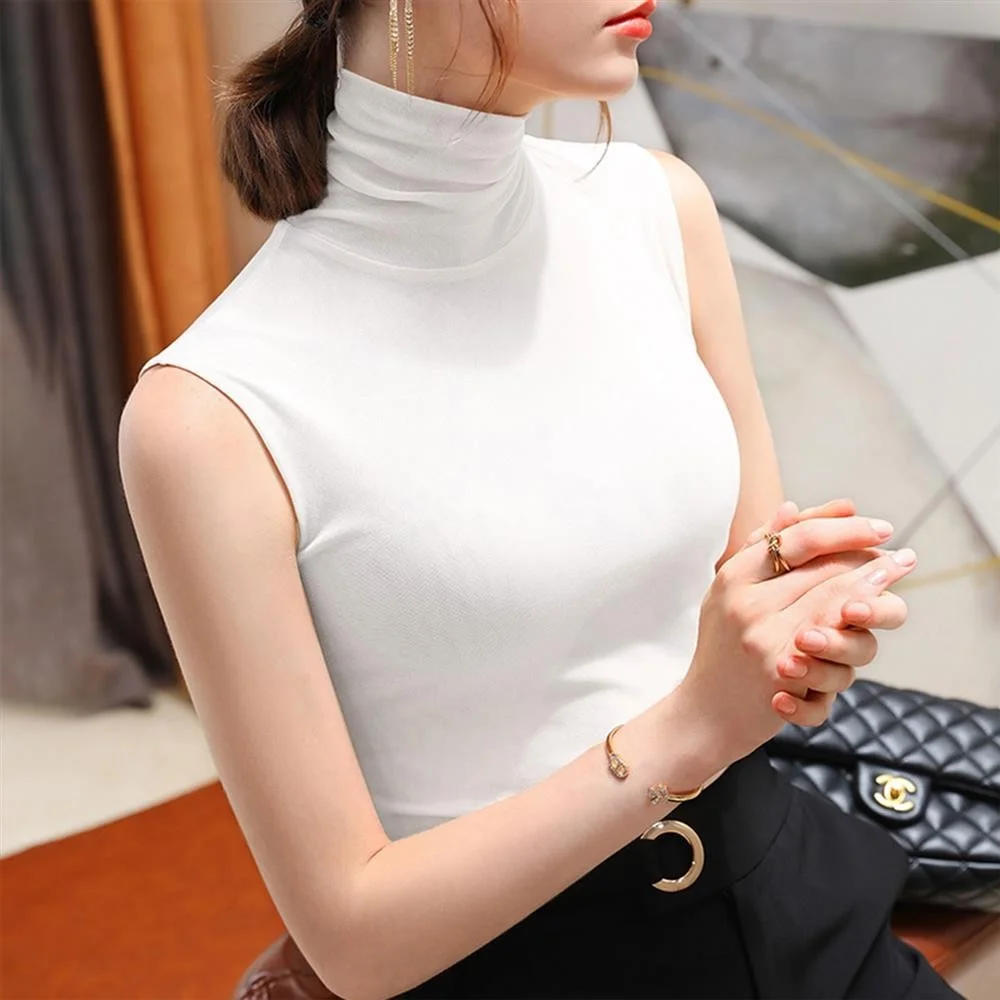 Fall High Collar Women's Base Shirt Slim Fit Sleeveless  Color Versatile Modal T-Shirt No Sleeve Shirt Korean Style Commute