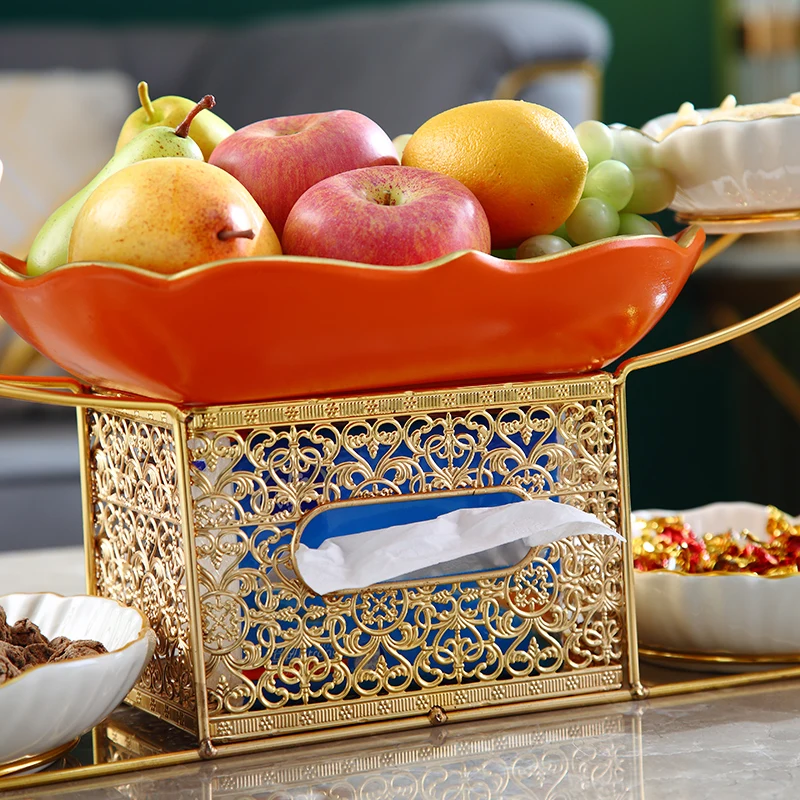 Deluxe Serving Tray Set With 5 Movable Ceramic Fruit Bowls Gold Stand and Tissue Box Creative Fruit Plate Tissue Box Decoration