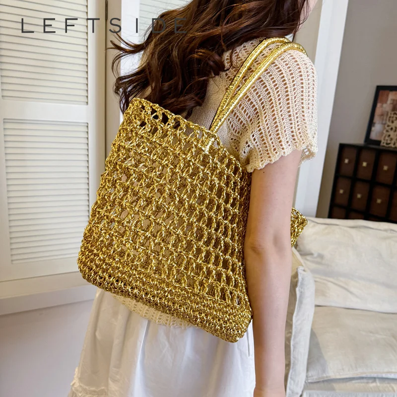 

Women Big Gold Hollow Woven Tote Bag Open Mesh Knitted Large Capacity 2026 Summer Beach Shoulder Purse Female New Handbags