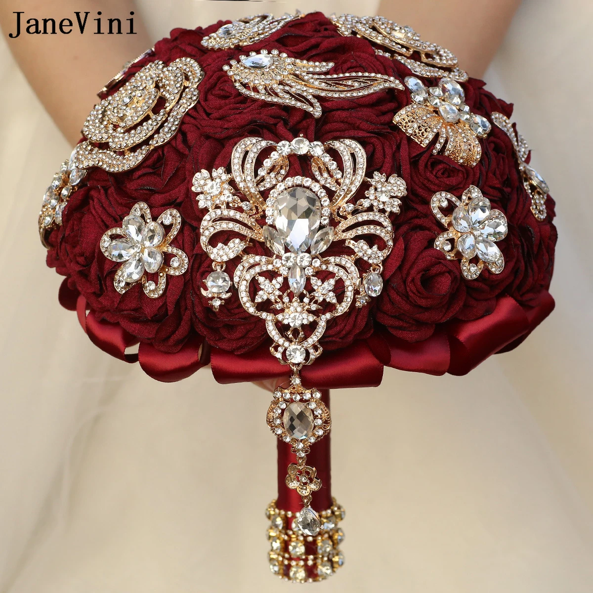 JaneVini Sparkly Gold Rhinestones Jewelry Dark Red Bridal Bouquets Artificial Satin Roses Crystal Wedding Brooch Bouquet Flowers