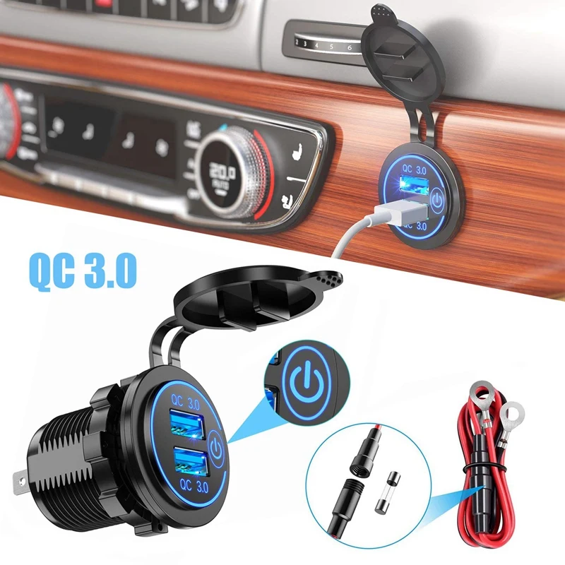 3X Quick Charge 3.0 Dual USB Car Charger 12V 36W USB Fast Charger With Switch For Boat Motorcycle Truck Golf Cart Blue