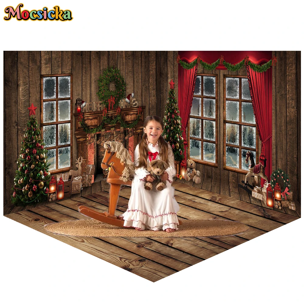 Mocsicka Christmas Home Background Photography Xmas Tree Fireplace Snow Decor Kid Family Portrait Photo  Studio Banner