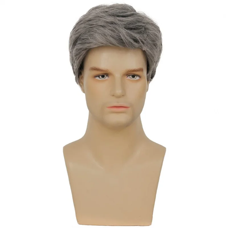 Mens Grey Short Wig Synthetic Replacement Costume Halloween Soft Layered Natural Hair Male Wigs (Gray)