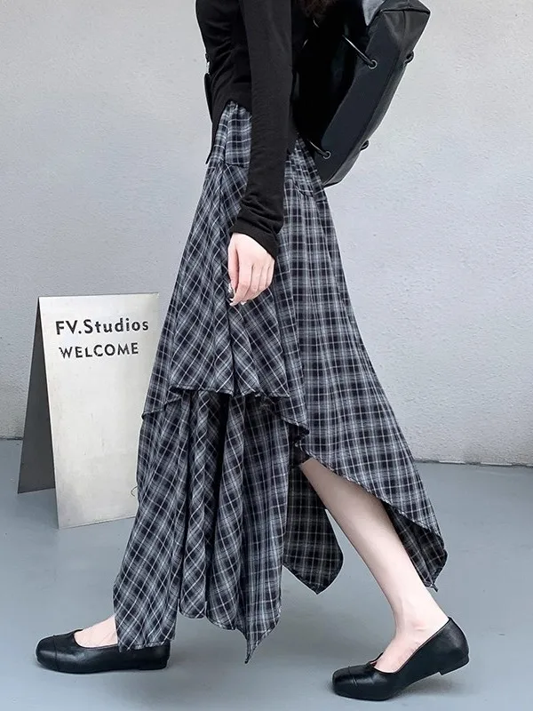 

Spring 2026 Faion Asymmetrical Plaid A-Line Skirt Women's Autumn Winter High Waist Slimming Casual Skirts