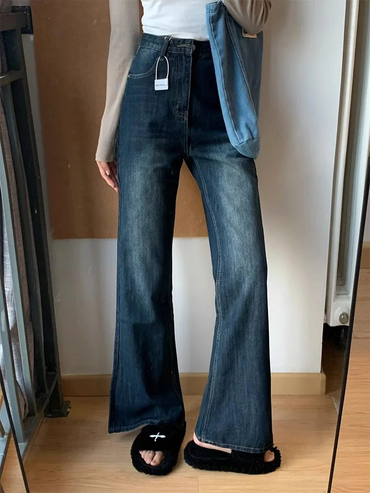 ハイウエストノンレギンス裏地付きデニムジーンズレディースプラスサイズストレートレッグマイクロフレアパンツ秋スリルーズワイドレッグ...