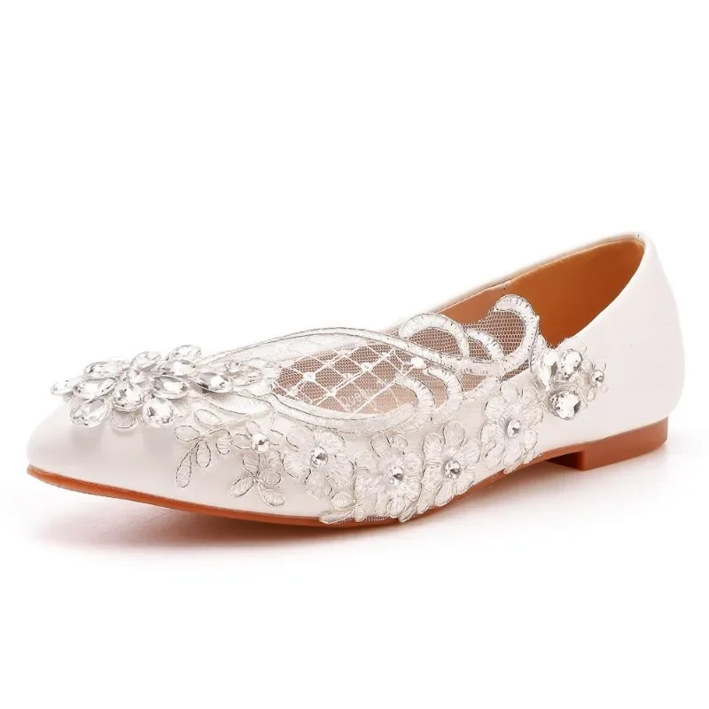 Ladies Woman Pumps Pointed Toe Rhinestone Slip-On PU 0.8CM Flat With Lace Dance Female Concise Wedding Party Women Shoes White