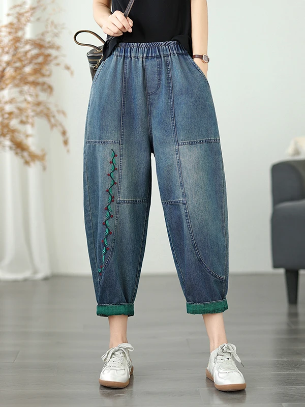 Dżinsy retro z haftem, codzienne, z wysokim stanem, elastyczne w pasie, bawełniane spodnie typu harlan, wyszczuplające, długość 7/8 dla kobiet plus size.