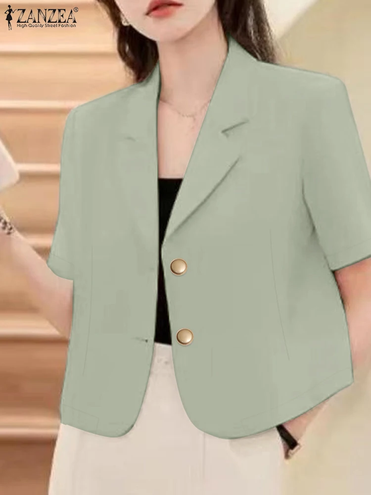 

ZANZEA Women Lapel Shirts Solid Color Short Sleeve V Neck One Breasted Crop Tops Office Elegant Work Wear Commuting Blouse