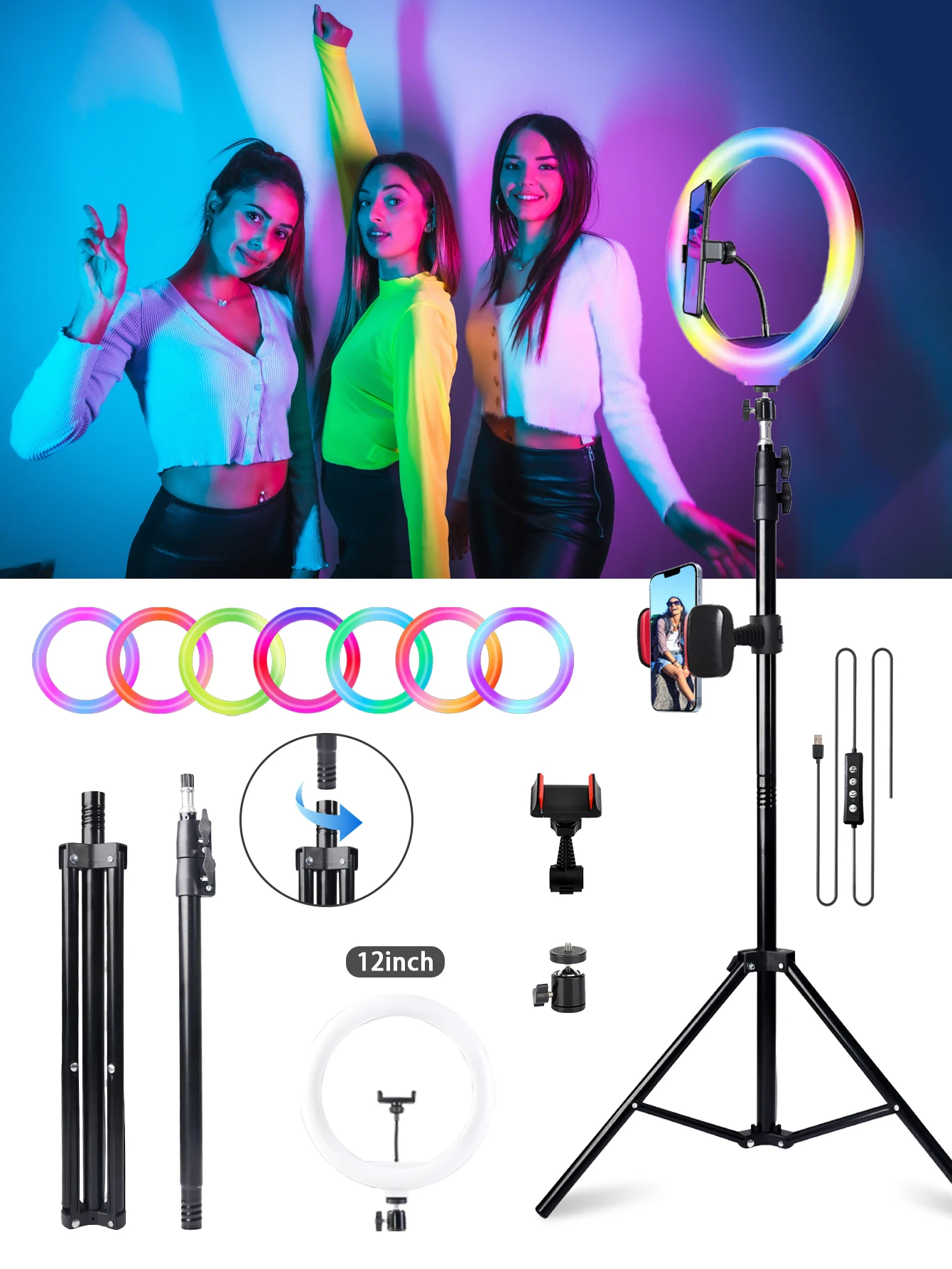 

63" Height 12inch RGB Ring Light Tripod With Extension Tube, 2 Adjustable Phone Stands, 160cm Selfie Stick