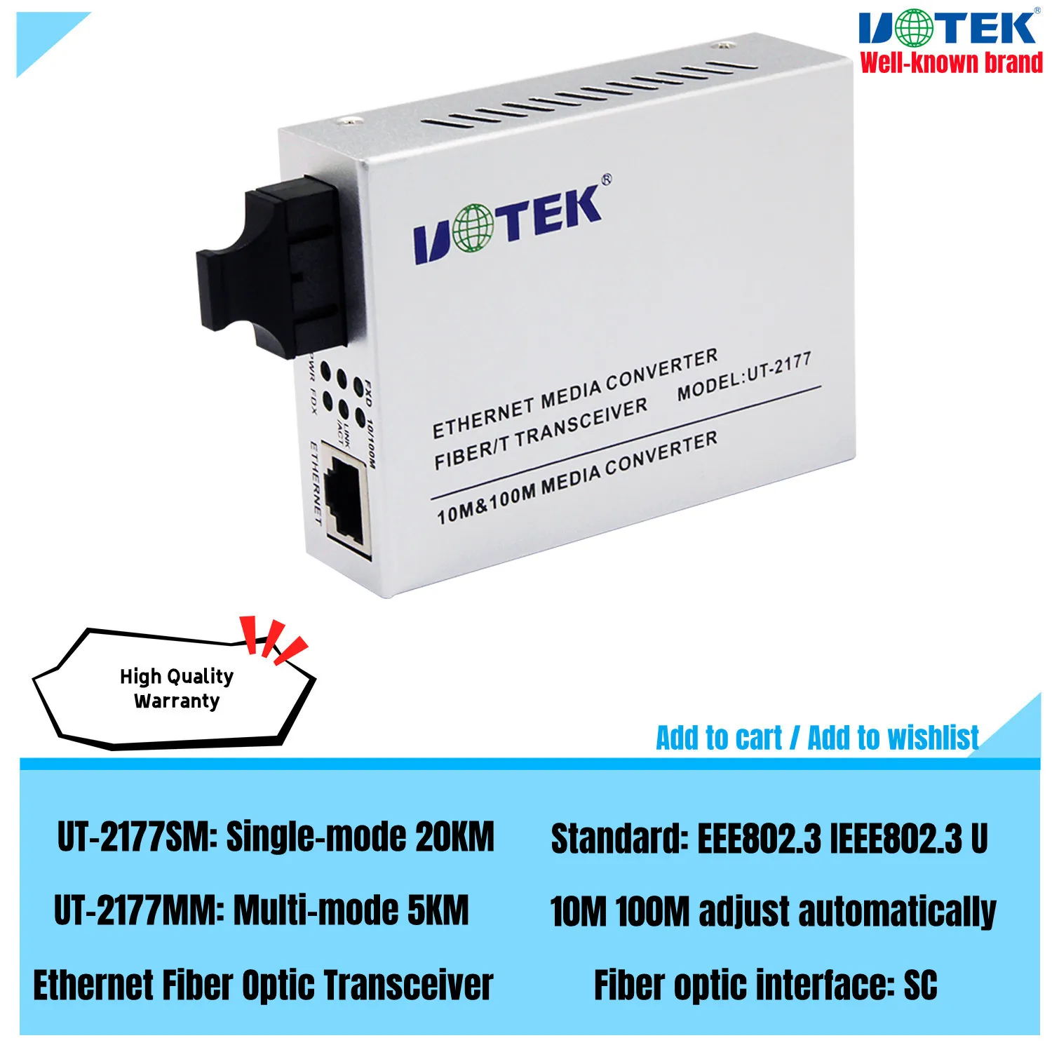 2pcs UOTEK Ethernet Fiber Optic Transceiver 10M 100M Optical-Fiber Media Converter SC Single Multi Mode 20KM 5KM Adapter UT-2177