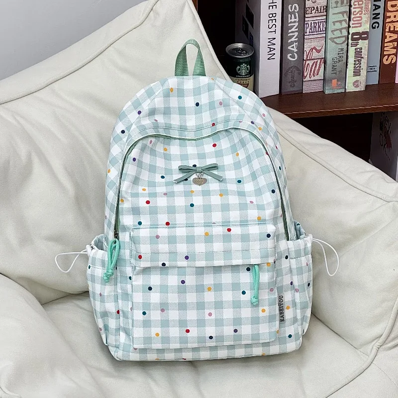 Pink Plaid Backpack Sweet Bow Heart Pendant School Bag Colorful Dots Canvas Backpack Teen Girls Daily Travel Laptop Rucksack