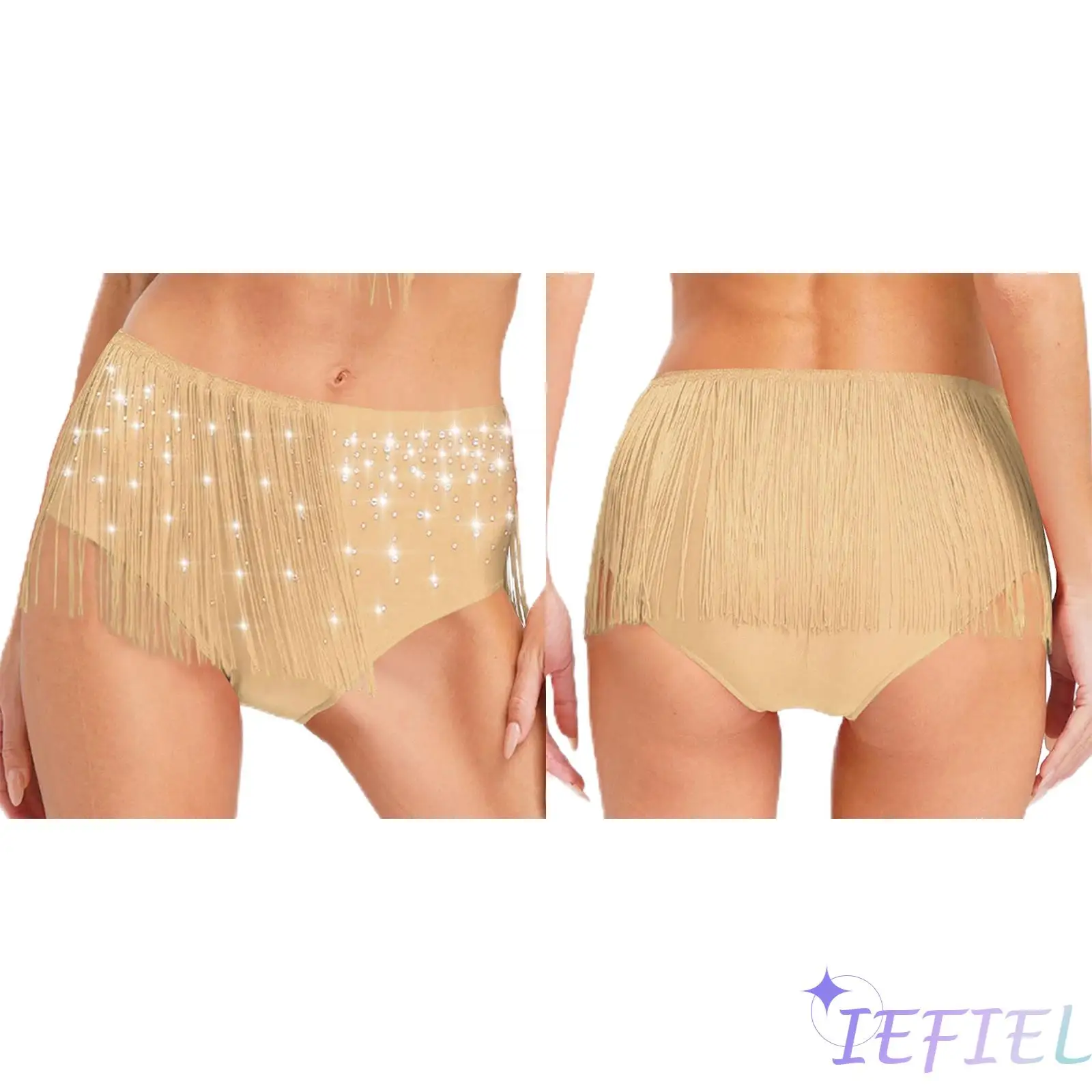 

Womens Latin Dance Short Shimmery Rhinestone Dancing Competition Tassel Underwear Shorts for Salsa Samba Belly Dancing Party