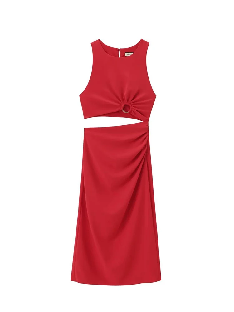 Summer Sleeveless Hollow Out Waist Ring Ruched Red Dress Women Midi Sleeveless Split Dresses