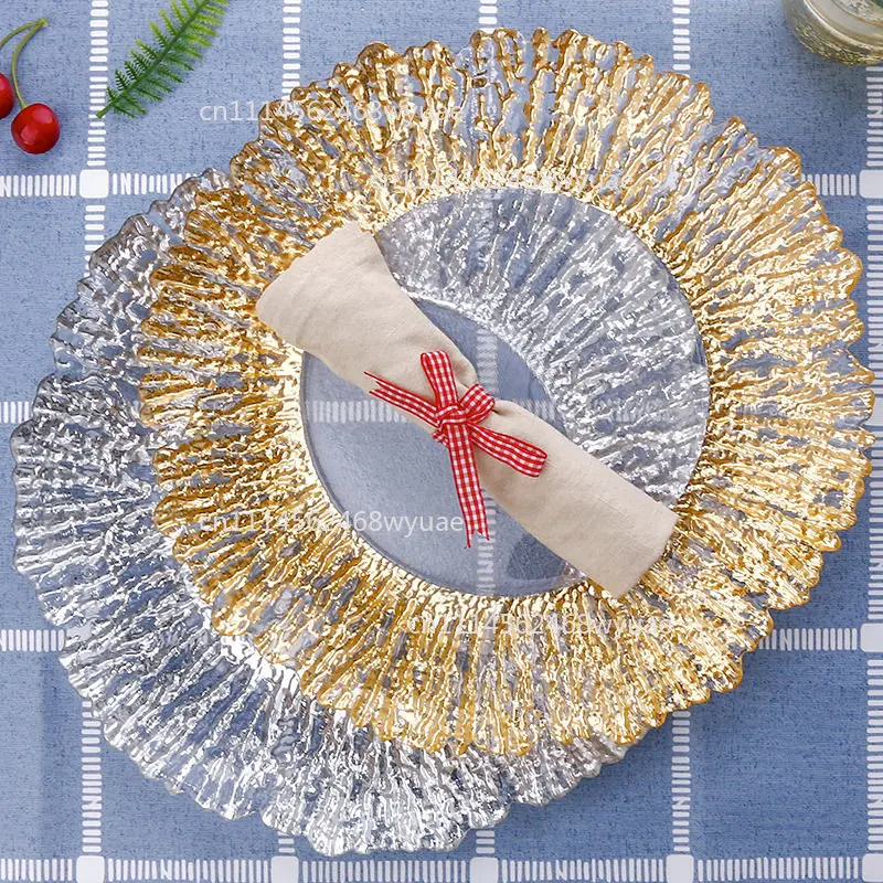 Sunflower Glass Dinner Plate Set: Minimalist with Gold Trim, Coral Pattern - Hotel Creative Suite, Tree Grain Serving Platter