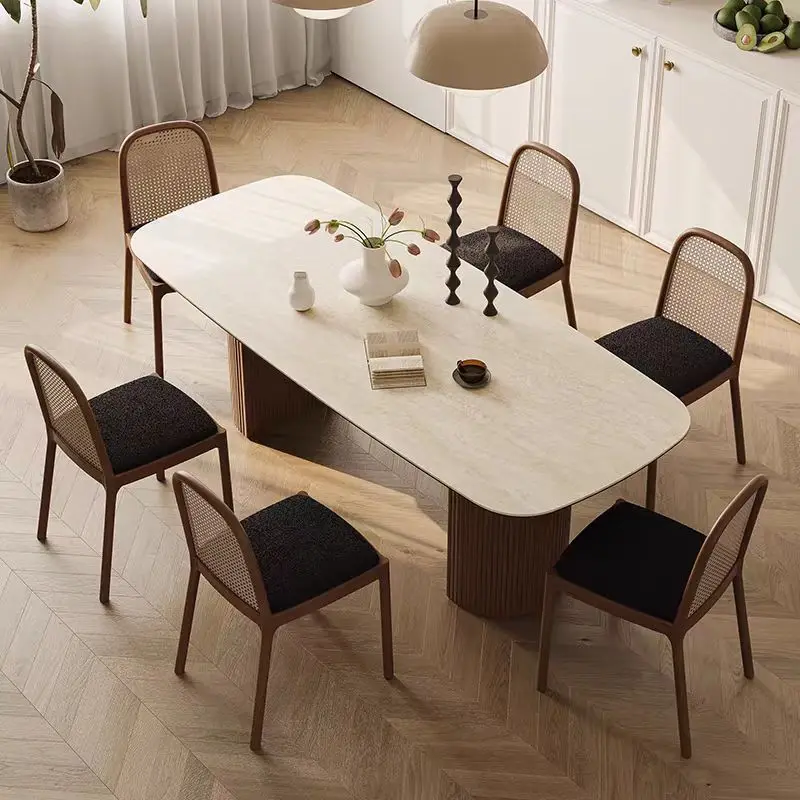 

Medieval French retro walnut dining table and chairs imported travertine oval minimalist full support composite rock slab