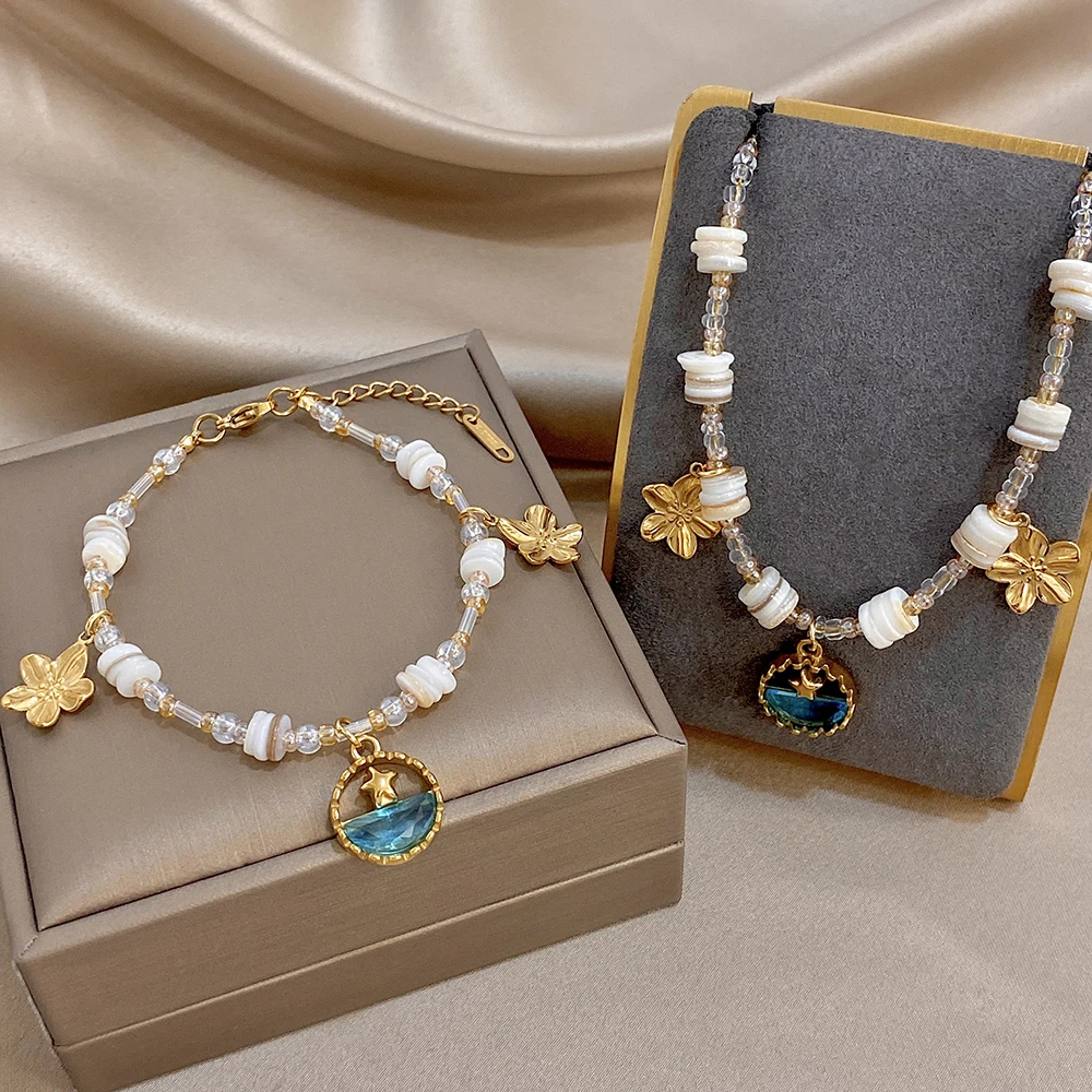 DODOHAO Boho Stainless Steel Star Flower Pendant Necklace Bracelet for Women Seed Beaded Choker Bangle Charm Jewelry Set Gift
