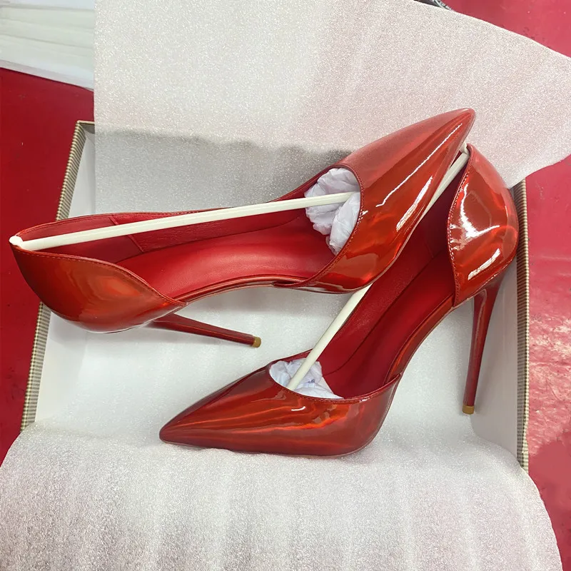 

New 12cm Electric Red High Heels for Women, Side Space, Ultra Fine Heels, Sexy Single Shoes, Pointed Shallow Mouth Wedding Shoes