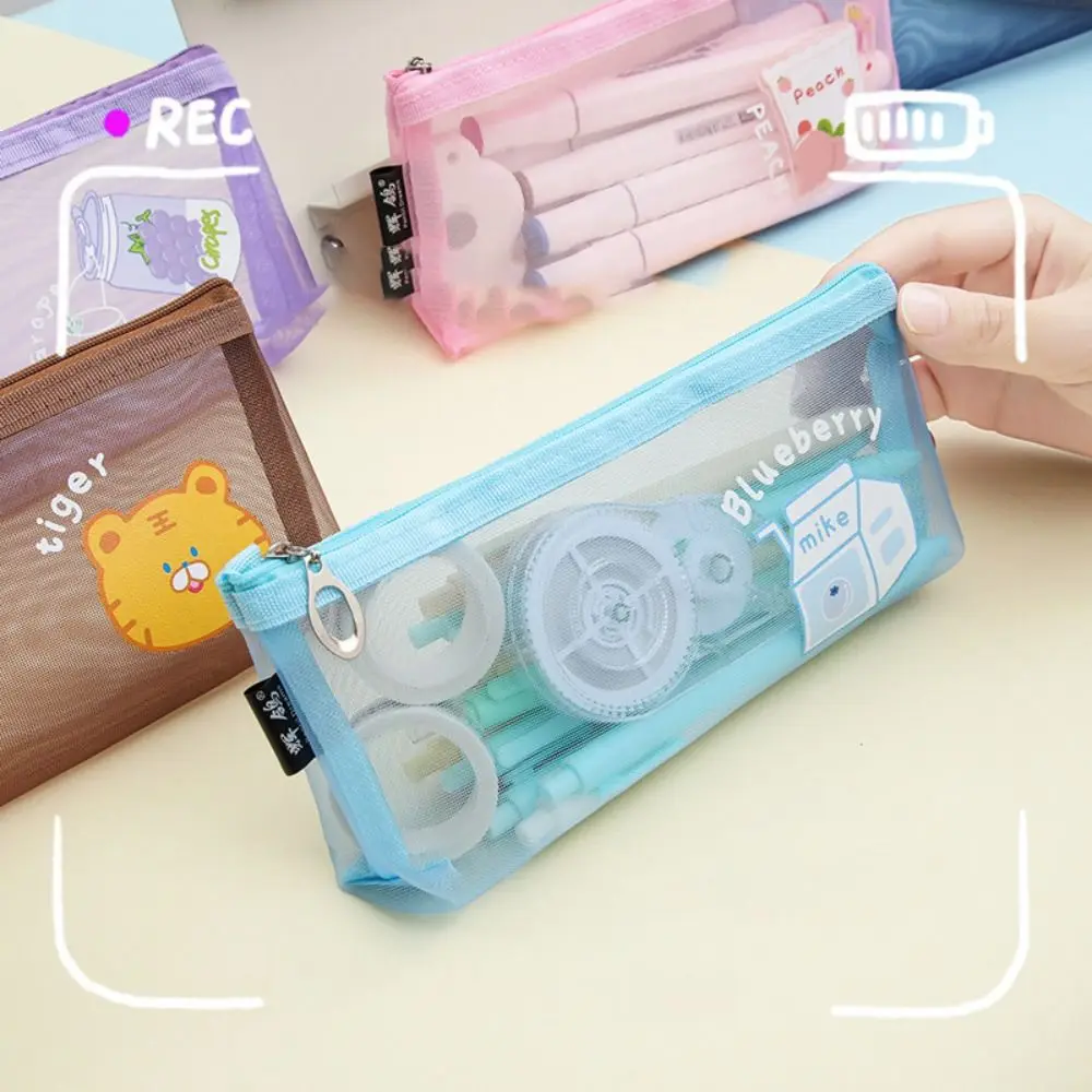 Simple Cute Mesh Pencil Case Cartoon Transparent Net Pen Bag Breathable Nylon Mesh Cosmetic Storage Bag Office Supply