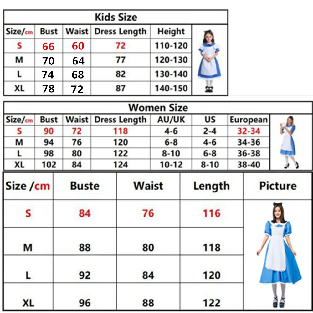 Halloween Adult Kids Girls Anime Alice In Wonderland Adventures Party Dress Up Outfits Women Sissy Maid Lolita Cosplay Costume