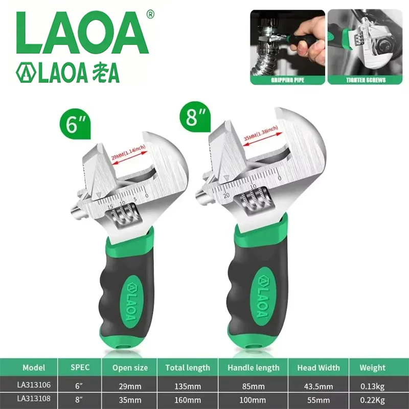 LAOA 6/8inch Short Handle Adjustable Spanner Durable Monkey Wrench for Pipe Installation Household Maintenance Hand Tools