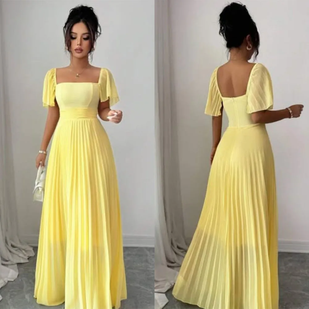 

High Quality Customized Square Collar Pleat Floor Length Backless Short Sleeves Elegant Dress Women for Wedding Party فساتين
