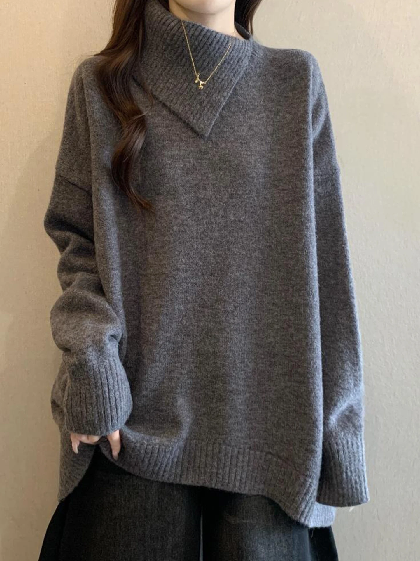 

Свободный свитер средней длины с высоким воротником для женщин, осенне-зимний, больших размеров, удобный, вязаный, модный, для повседневной носки