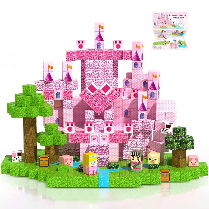 مجموعة مكعبات مغناطيسية على شكل قلعة الأميرة الوردية مناسبة للفتيات من سن 3 إلى 12 عامًا، لعبة الأميرة هدية عيد الميلاد