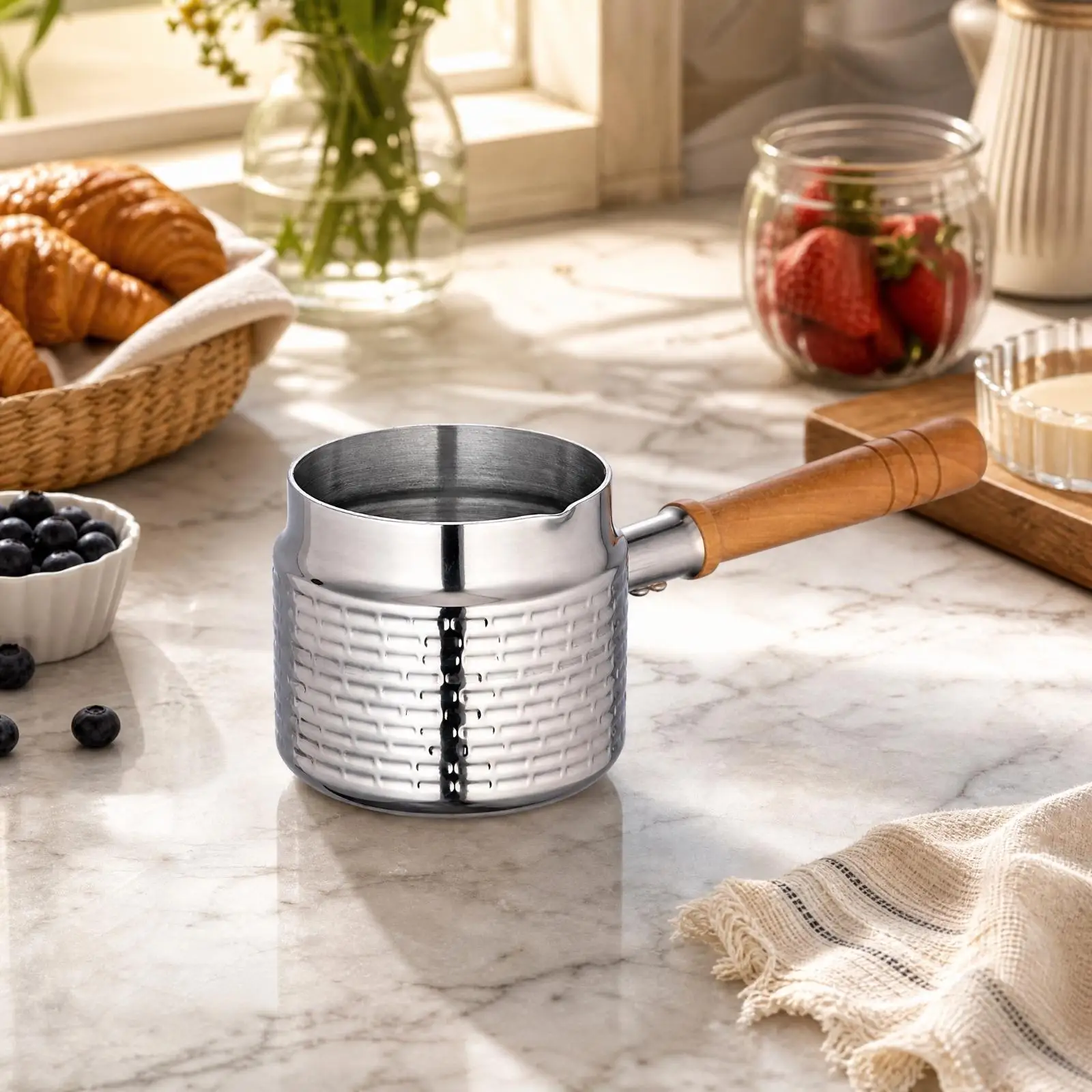 Lightweight Saucepan with Handle 304 Stainless Steel Wooden Grip for Gas Stove Induction Cooktop Small Saucepan for Side Dishes