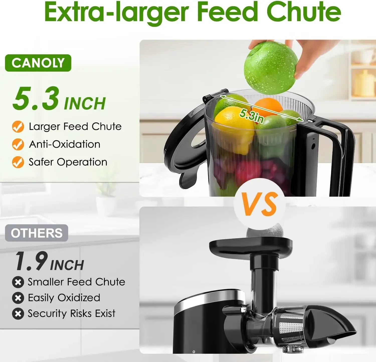 Masticando máquinas Juicer, Juicer lento a frio com calha de alimentação maior, Espremedor puro 350W para legumes e frutas, 5,3 polegadas