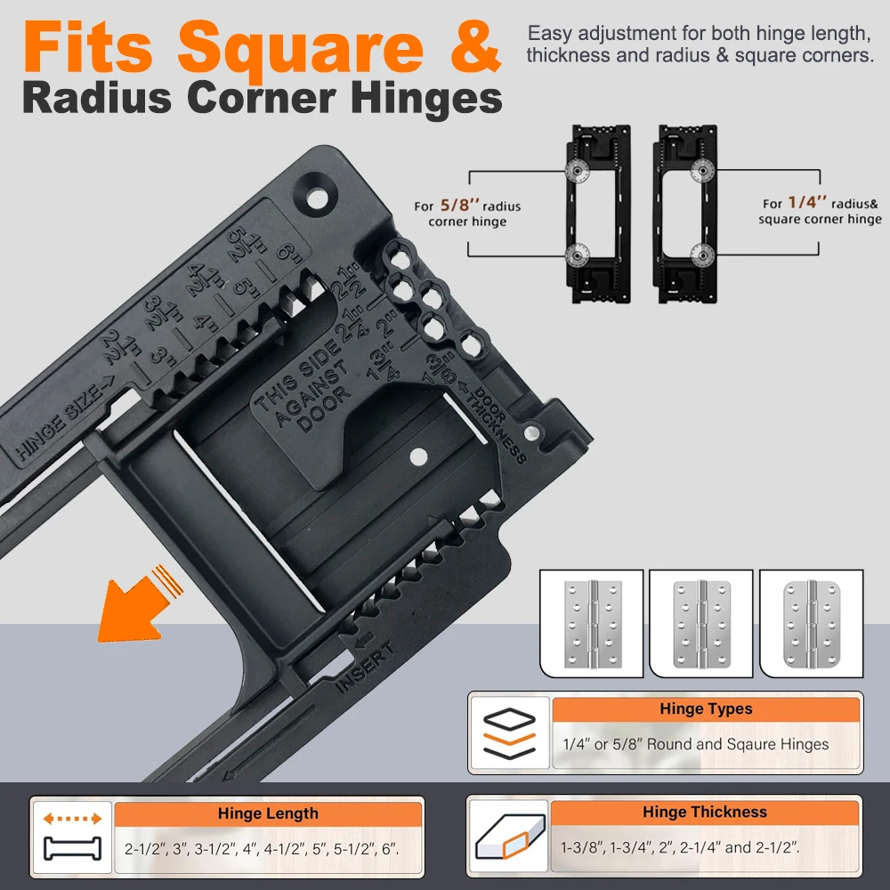 

from 2-1/2" to 6" and 5 Door Thickness from 1-3/8" to 2-1/2" Door Hinge Jig Door Hinge Template Compatible with 8 Hinge Sizes