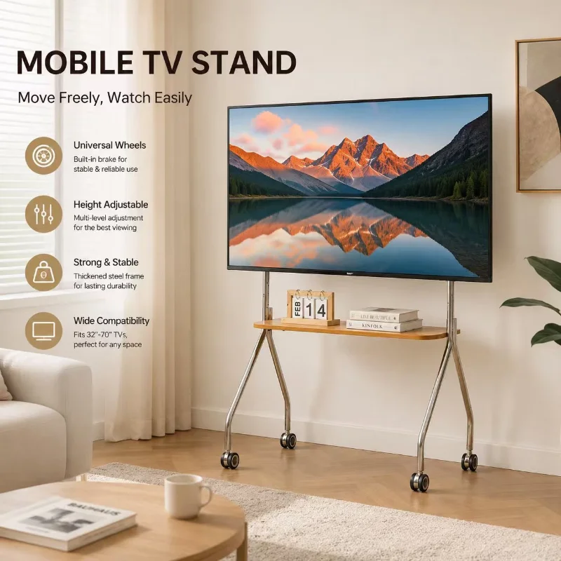 Modern Minimalist Mobile TV Stand Trolley on Lockable Casters with Storage Rack Fits 32-80 Inch TVs for Home Theater Living Room