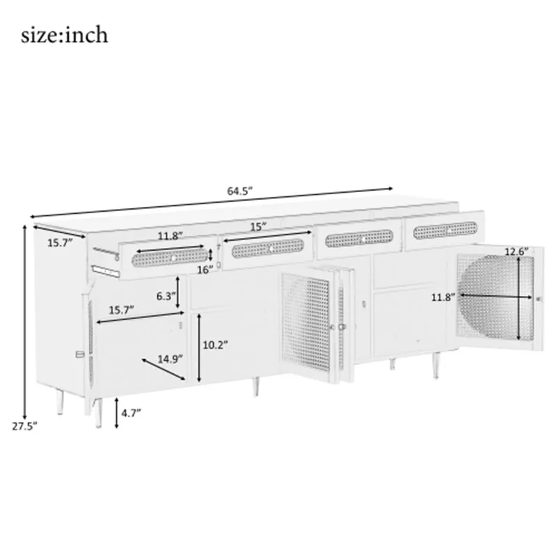 TV-Ständer mit Rattantür, gewebter Medienkonsolentisch mit verstellbaren Regalen, Aufbewahrungs-Sideboard-Schrank für das Wohnzimmer