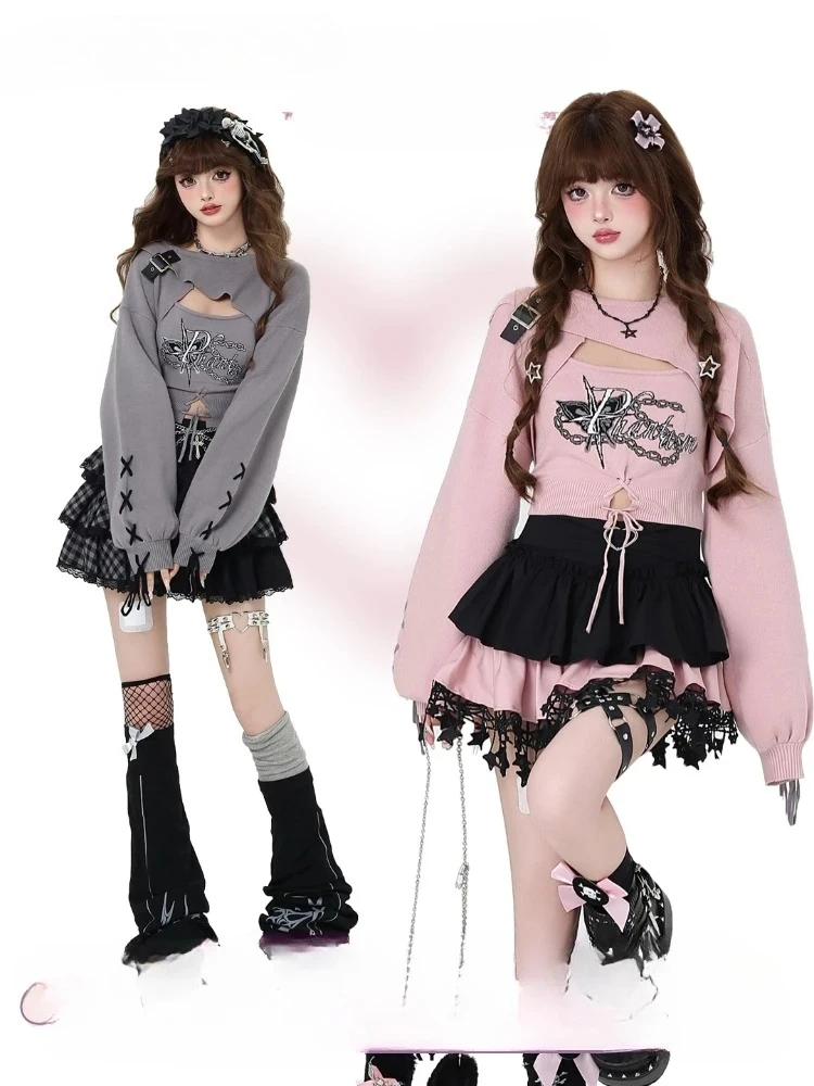 

Японский сладко-острый вязаный комплект из двух предметов с длинными рукавами: свитер и укороченный вязаный топ для девушек. Новинка осенне-зимнего сезона.