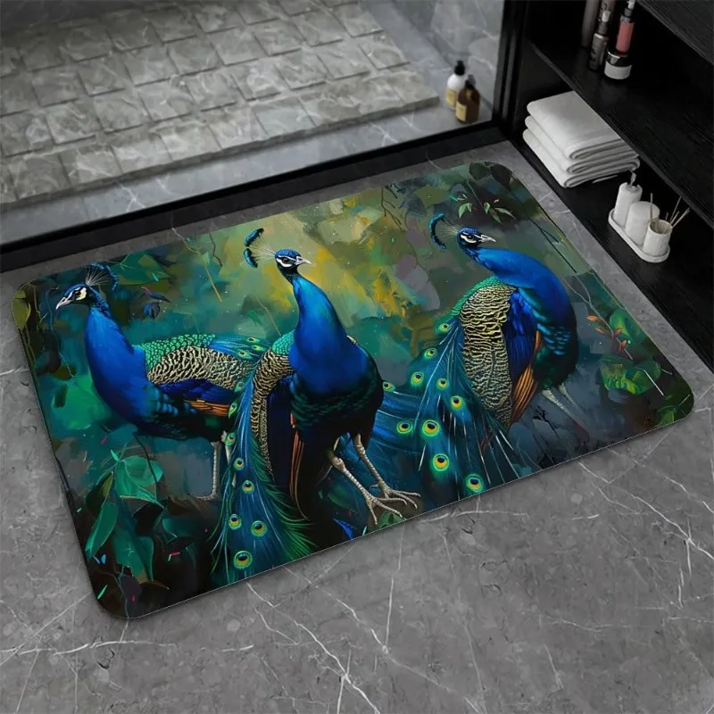 Peacock Print Welcome Doormats Indoor Outdoor Anti Slip Water Absorbent Rug Home Decor Carpet for Entrance Living Room Bathroom