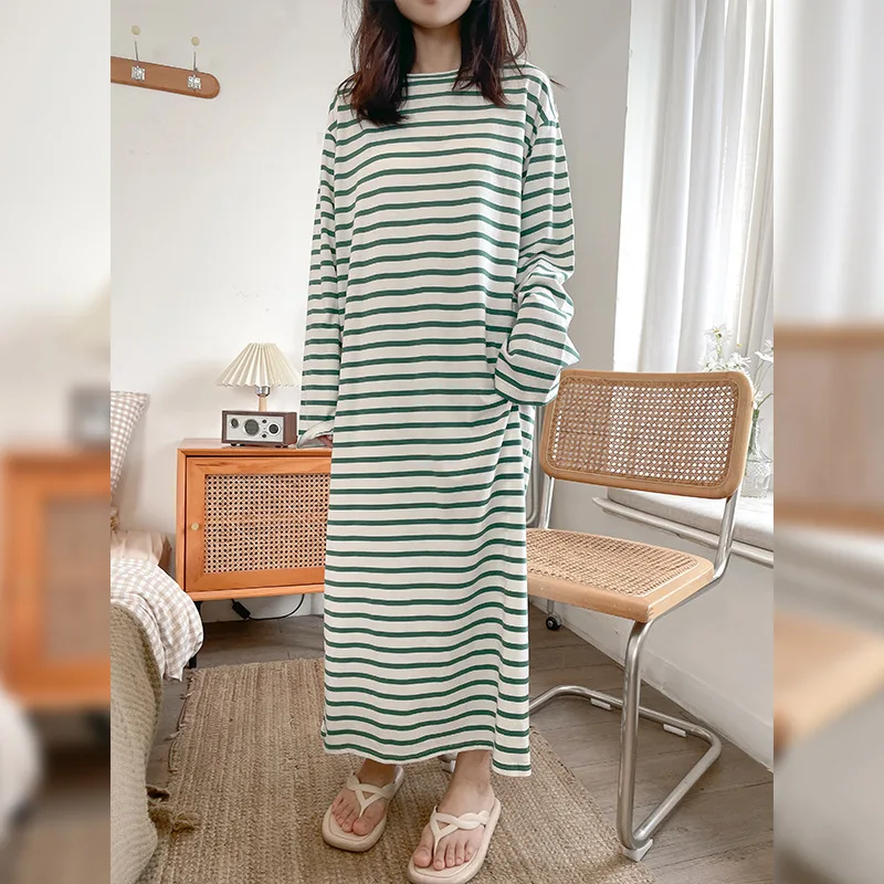 100% Cotton Maxi Dresses For Women Vintage Striped Long Sleeve Women\'S Elegant Dresses Autumn Winter Clothes